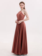 Long Chiffon Dress With Lace Bodice Terracotta