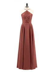 Long Chiffon Dress With Lace Bodice Terracotta