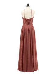 Long Chiffon Dress With Lace Bodice Terracotta