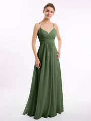 V-neck Long Chiffon Gown with Spaghetti Straps Olive Green