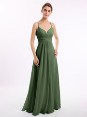 V-neck Long Chiffon Gown with Spaghetti Straps Olive Green