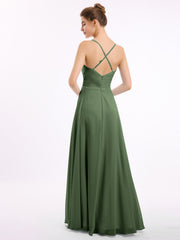 V-neck Long Chiffon Gown with Spaghetti Straps Olive Green