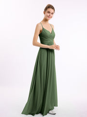 V-neck Long Chiffon Gown with Spaghetti Straps Olive Green