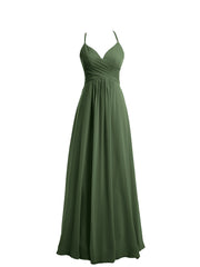 V-neck Long Chiffon Gown with Spaghetti Straps Olive Green