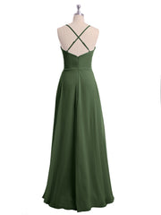 V-neck Long Chiffon Gown with Spaghetti Straps Olive Green
