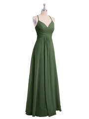 V-neck Long Chiffon Gown with Spaghetti Straps Olive Green