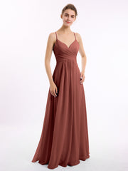 V-neck Long Chiffon Gown with Spaghetti Straps Terracotta