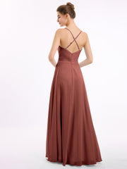 V-neck Long Chiffon Gown with Spaghetti Straps Terracotta