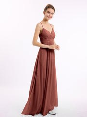 V-neck Long Chiffon Gown with Spaghetti Straps Terracotta