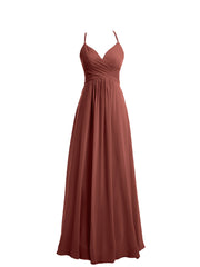 V-neck Long Chiffon Gown with Spaghetti Straps Terracotta