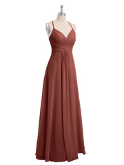 V-neck Long Chiffon Gown with Spaghetti Straps Terracotta