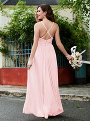 Scoop Sleeveless Chiffon Long A-line Dress With Ruffle Blushing Pink