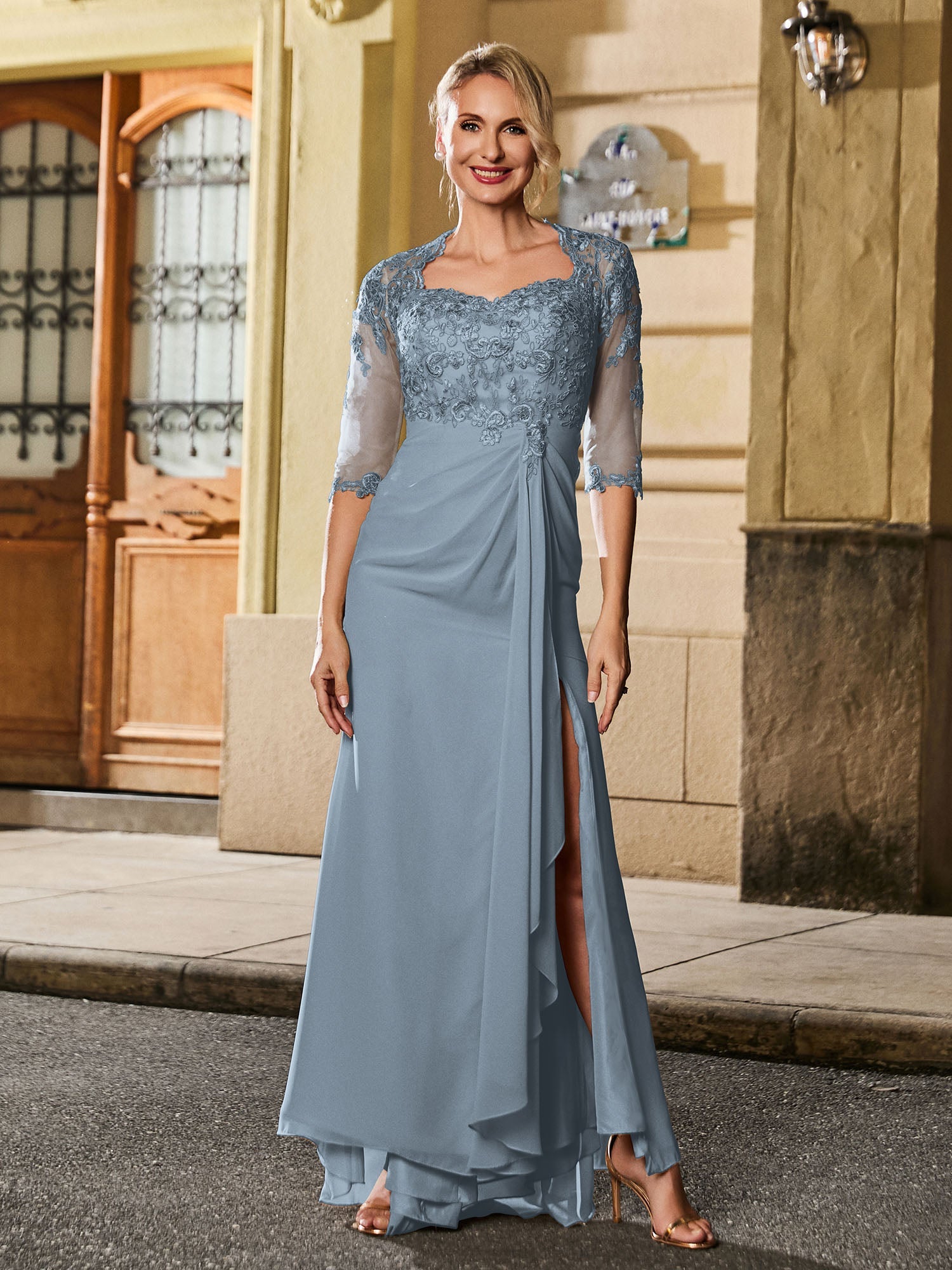 BABARONI Chiffon Lace Dusty Blue Mother of the Bride Dresses Sheath ...