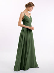 Spaghetti Strap Long Chiffon Bridesmaid Gowns Olive Green