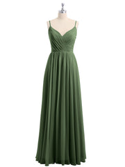 Spaghetti Strap Long Chiffon Bridesmaid Gowns Olive Green