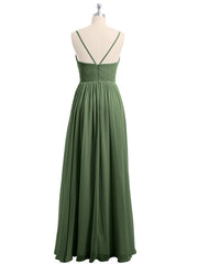 Spaghetti Strap Long Chiffon Bridesmaid Gowns Olive Green