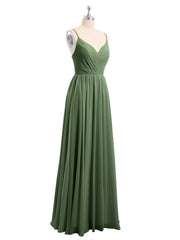 Spaghetti Strap Long Chiffon Bridesmaid Gowns Olive Green