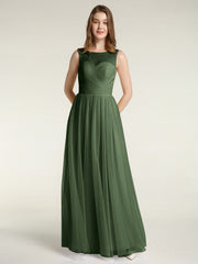 Long Tulle Bridesmaid Dress with Illusion Neck Olive Green
