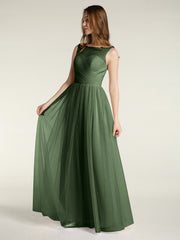 Long Tulle Bridesmaid Dress with Illusion Neck Olive Green