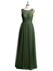 Long Tulle Bridesmaid Dress with Illusion Neck Olive Green