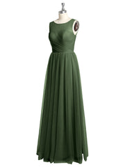 Long Tulle Bridesmaid Dress with Illusion Neck Olive Green
