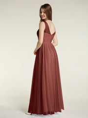 Long Tulle Bridesmaid Dress with Illusion Neck Terracotta