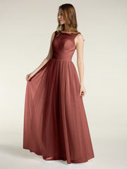 Long Tulle Bridesmaid Dress with Illusion Neck Terracotta