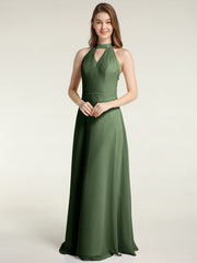 Halter V-neck Chiffon Dress with Open Back Olive Green