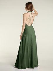 Halter V-neck Chiffon Dress with Open Back Olive Green