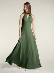 Halter V-neck Chiffon Dress with Open Back Olive Green