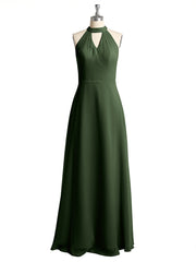 Halter V-neck Chiffon Dress with Open Back Olive Green