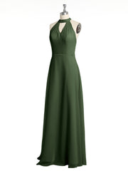 Halter V-neck Chiffon Dress with Open Back Olive Green