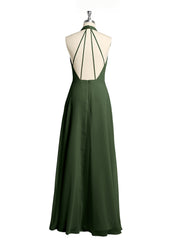 Halter V-neck Chiffon Dress with Open Back Olive Green