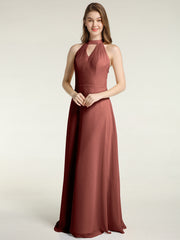 Halter V-neck Chiffon Dress with Open Back Terracotta