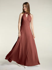 Halter V-neck Chiffon Dress with Open Back Terracotta