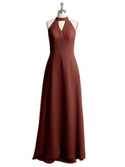 Halter V-neck Chiffon Dress with Open Back Terracotta
