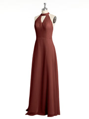 Halter V-neck Chiffon Dress with Open Back Terracotta