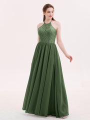 Chiffon and Lace Hlater Long Gowns Olive Green