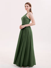 Chiffon and Lace Hlater Long Gowns Olive Green