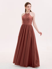Chiffon and Lace Hlater Long Gowns Terracotta