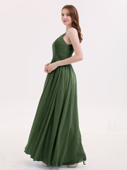 Spaghetti Strap Open Back Chiffon Dresses Olive Green