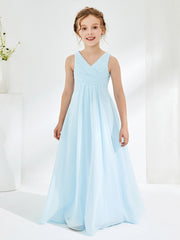 Cute V-neck Junior Bridesmaid Dresses with Pleated Sky Blue