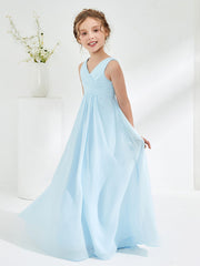 Cute V-neck Junior Bridesmaid Dresses with Pleated Sky Blue
