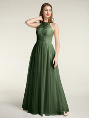 Lace Top and Tulle Skirt Full Length Dress Olive Green
