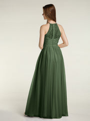 Lace Top and Tulle Skirt Full Length Dress Olive Green