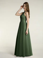 Lace Top and Tulle Skirt Full Length Dress Olive Green