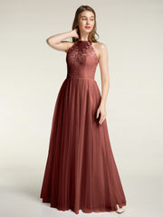 Lace Top and Tulle Skirt Full Length Dress Terracotta