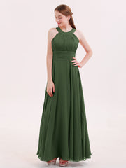 Chiffon Pleated Top Long Dresses with Open Back Olive Green