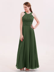 Chiffon Pleated Top Long Dresses with Open Back Olive Green