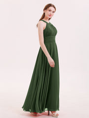 Chiffon Pleated Top Long Dresses with Open Back Olive Green